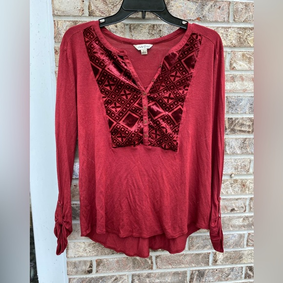 Red/Burgundy Velvet Lucky Brand Long Sleeve Blouse - Picture 7 of 12